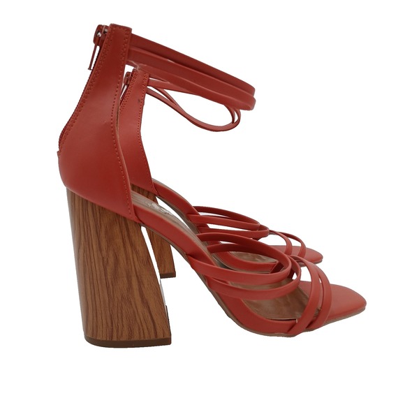Qupid Women Block High Heel Ankle 3 Strap Sandal‎ Zipper Back Red Size 8 - Picture 1 of 9